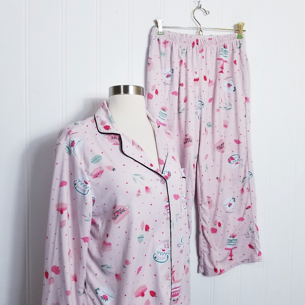 Kate Spade Pajama Set XS Cake Macaron Lips Print Cropped Pants Pink Loungewear